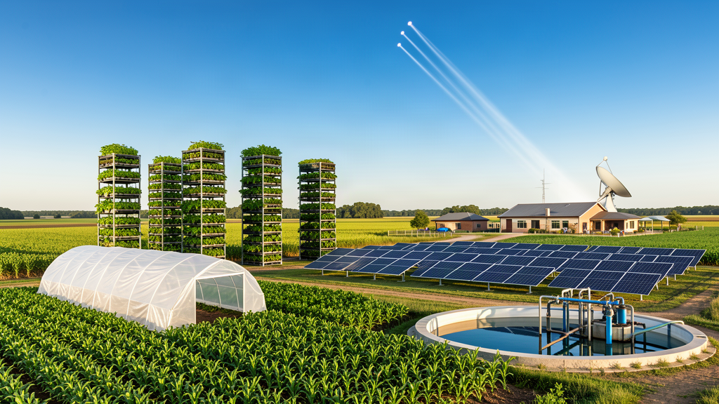 Terraform agriculture technology landscape: polytunnels, stacked vertical farms, solar power, clean water and satellite internet connectivity