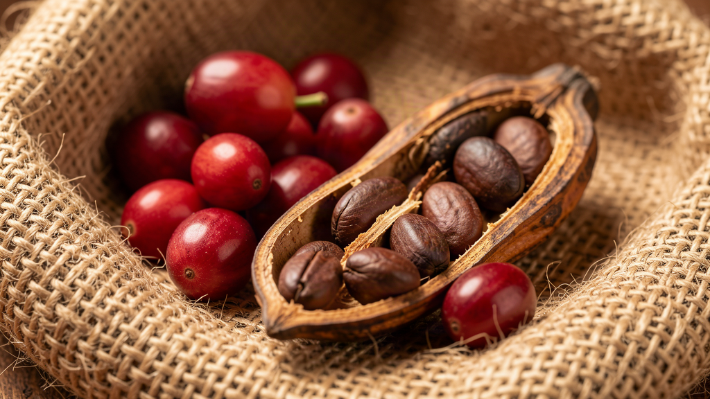 Ripe coffee cherries and cocoa pods for export
