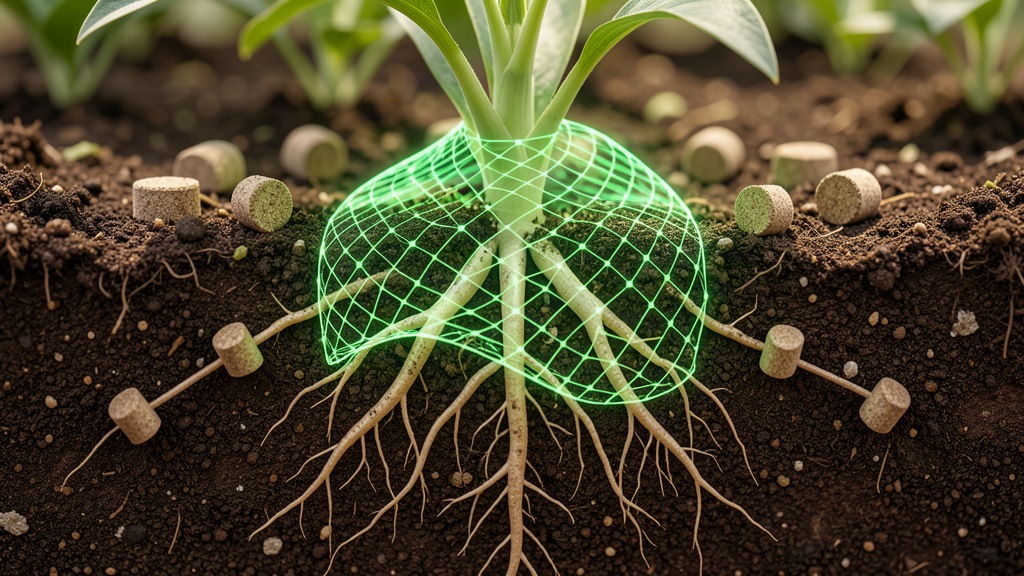 Nanotechnology lattice protecting plant roots in soil with ten organic soil applicators